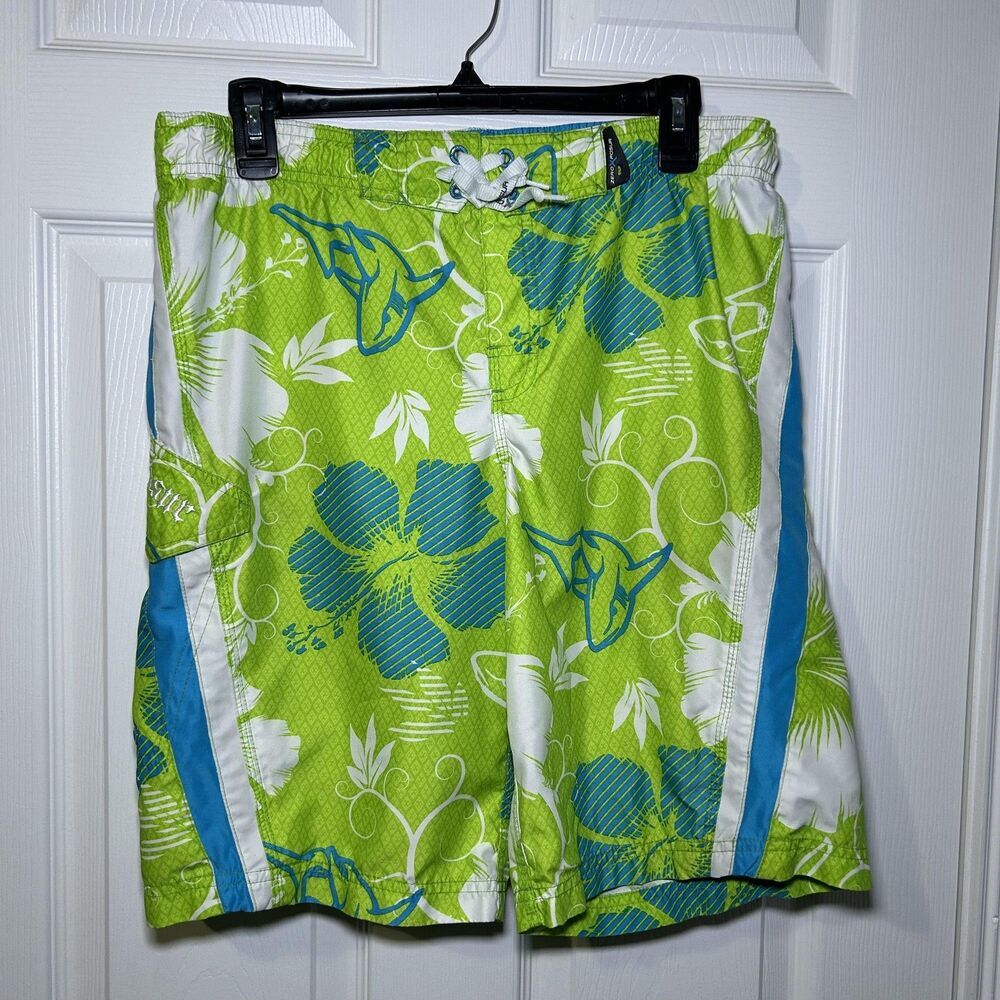 ZeroXposur Board Shorts Boys 14/16 Green Floral Hawaiian Swim Trunks Lined